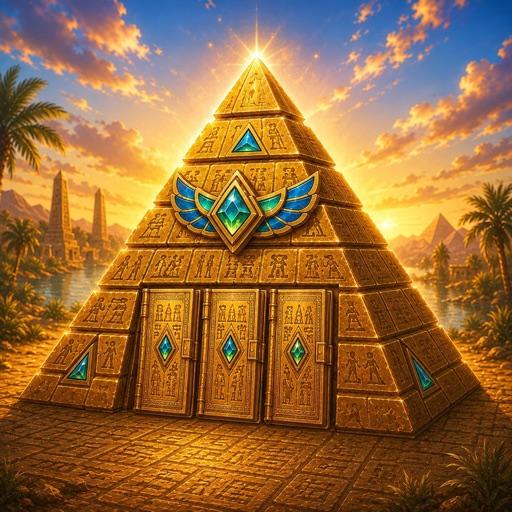 Glyph Oath app icon: a golden pyramid with three sealed doors and a winged gem above them.